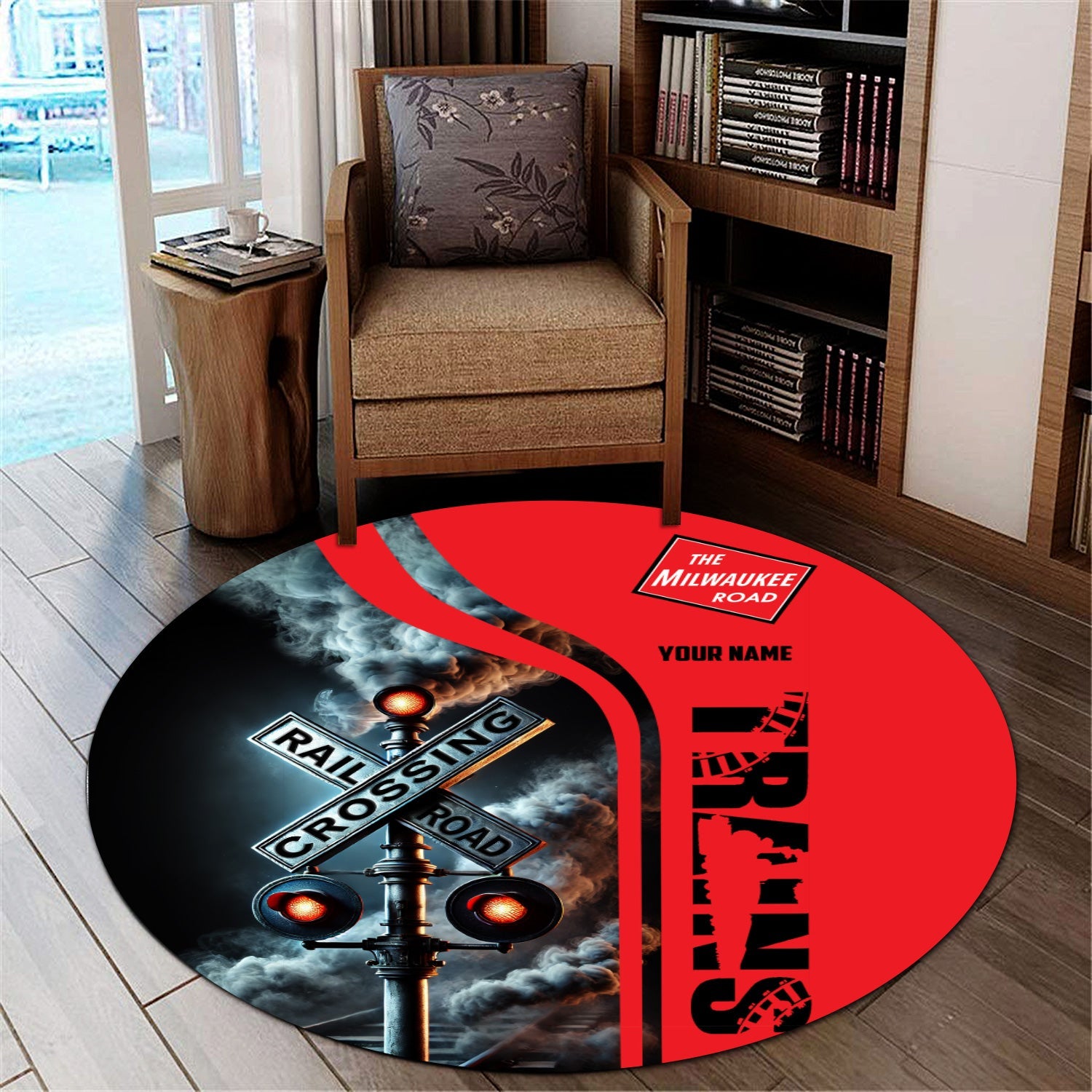 Railspirit Personalized Chicago, Milwaukee, St. Paul and Pacific Railroad Round Mat Railroad Crossing Sign Milwaukee Road Mat All Over Print