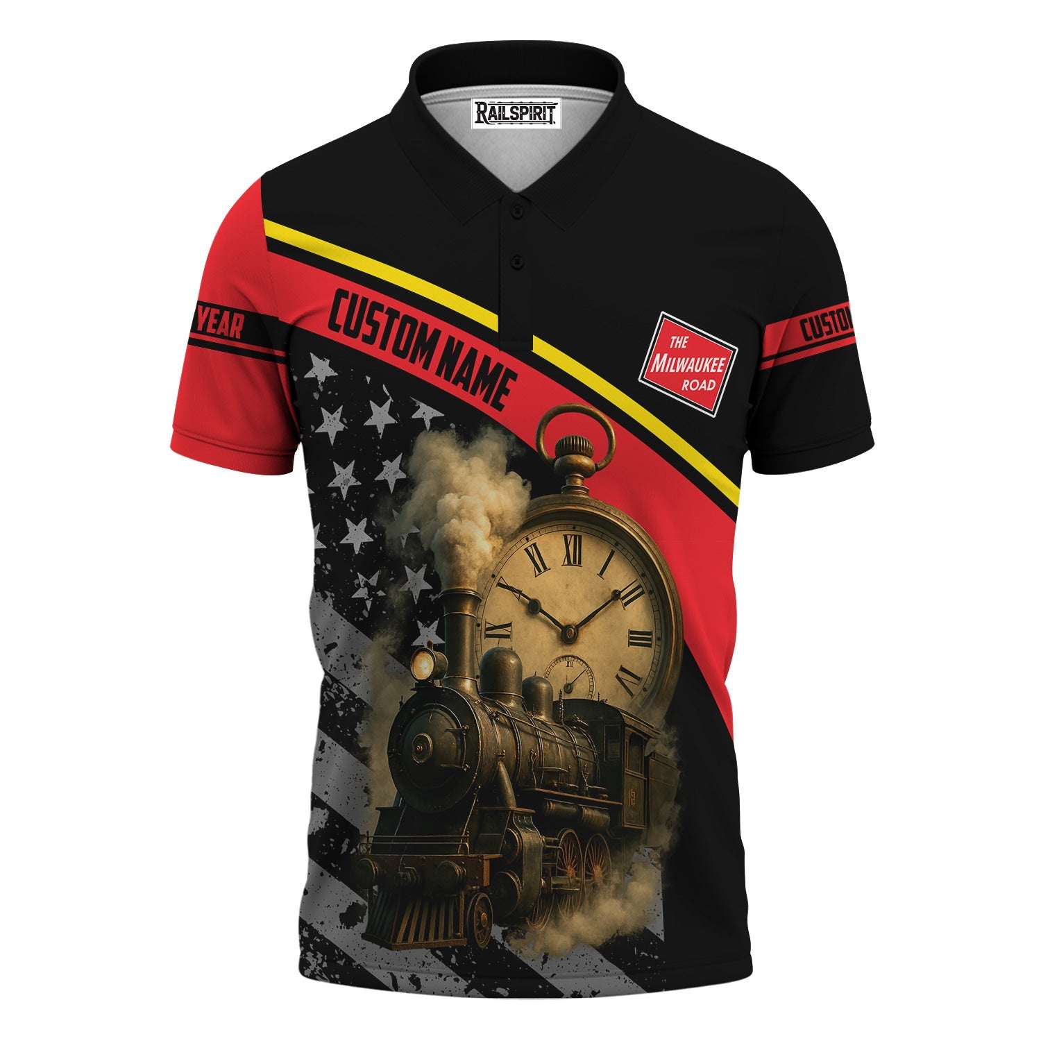Railspirit Personalized Chicago, Milwaukee, St.Paul and Pacific Railroad Polo Shirt Classic Steam Engine With Retro Pocket Watch Milwaukee Road Shirt