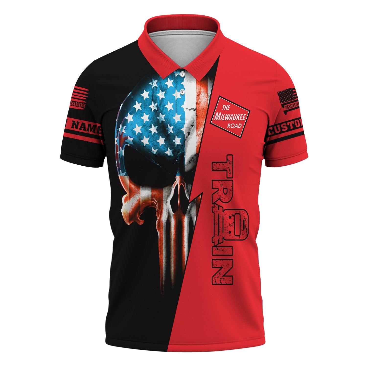 Railspirit Personalized Chicago, Milwaukee, St. Paul and Pacific Railroad Polo Shirt Train Skull American Flag Milwaukee Road Shirt All Over Print
