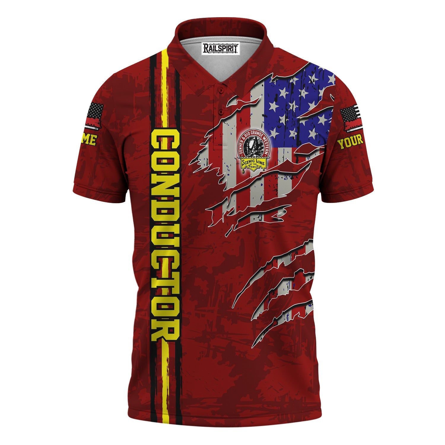 Railspirit Personalized Denver and Rio Grande Western Railroad Polo Shirt USA Flag Claw Art with Custom Job Train Shirt