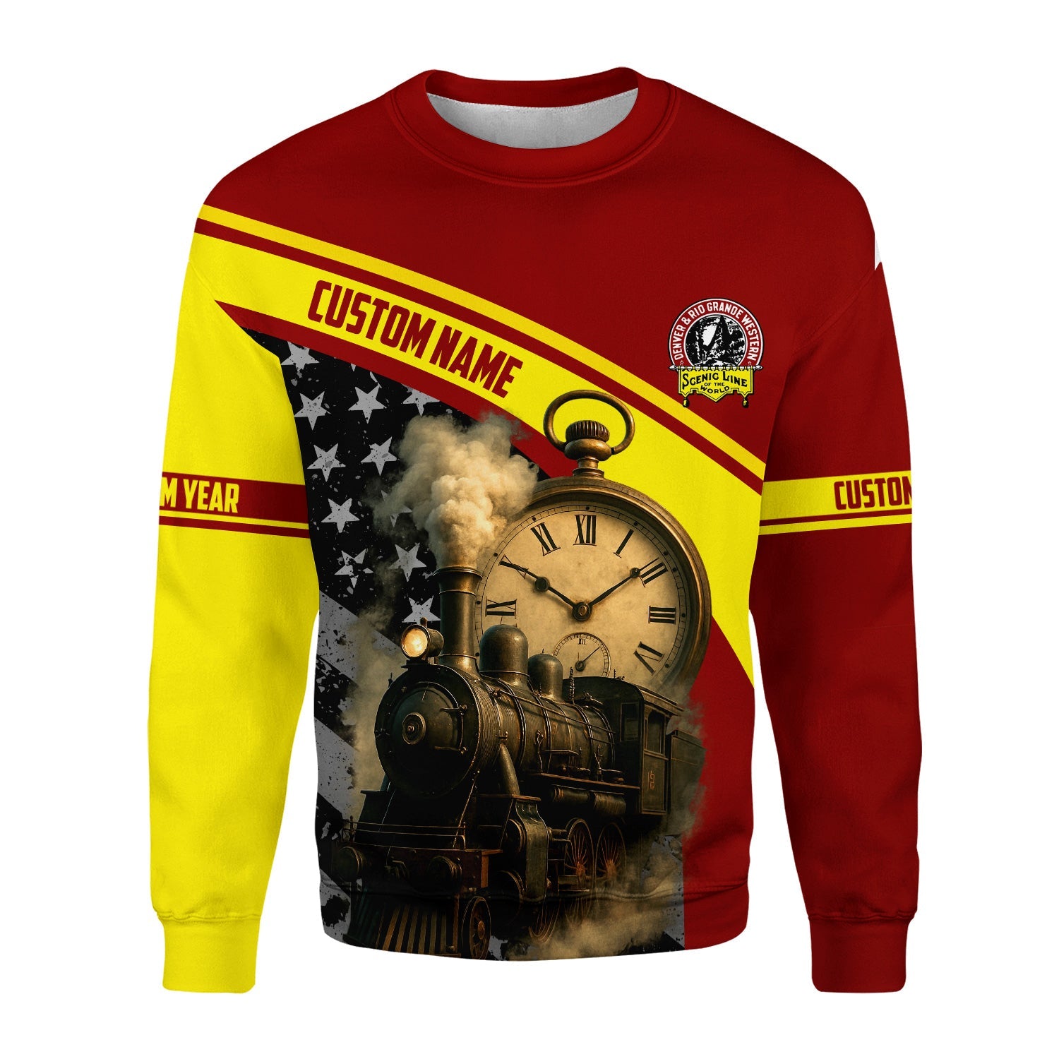 Railspirit Personalized Denver and Rio Grande Western Railroad Sweatshirt Classic Steam Engine With Retro Pocket Watch Shirt All Over Print