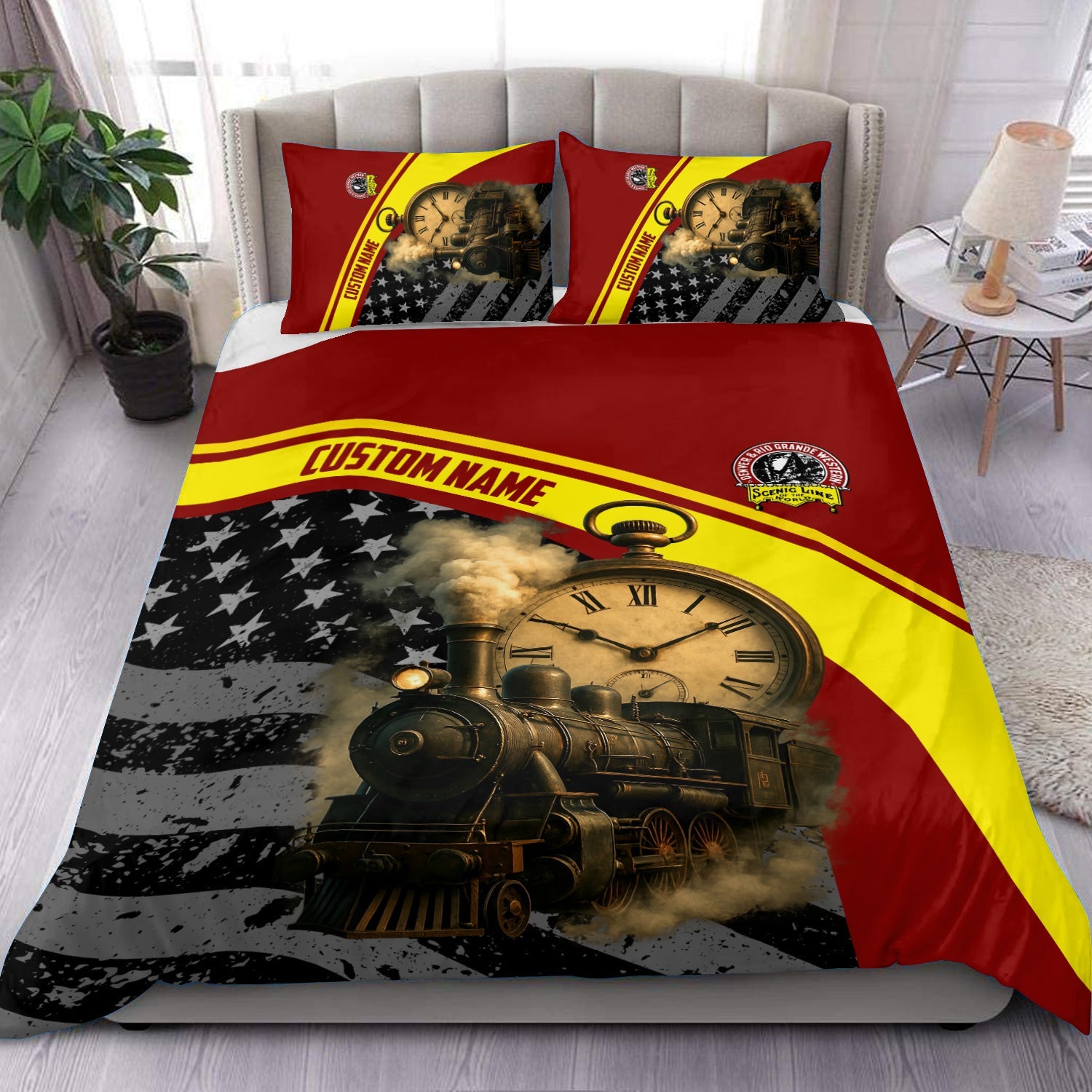 Railspirit Personalized Denver and Rio Grande Western Railroad Bedding Set Classic Steam Engine With Retro Pocket Watch Bedding Set All Over Print