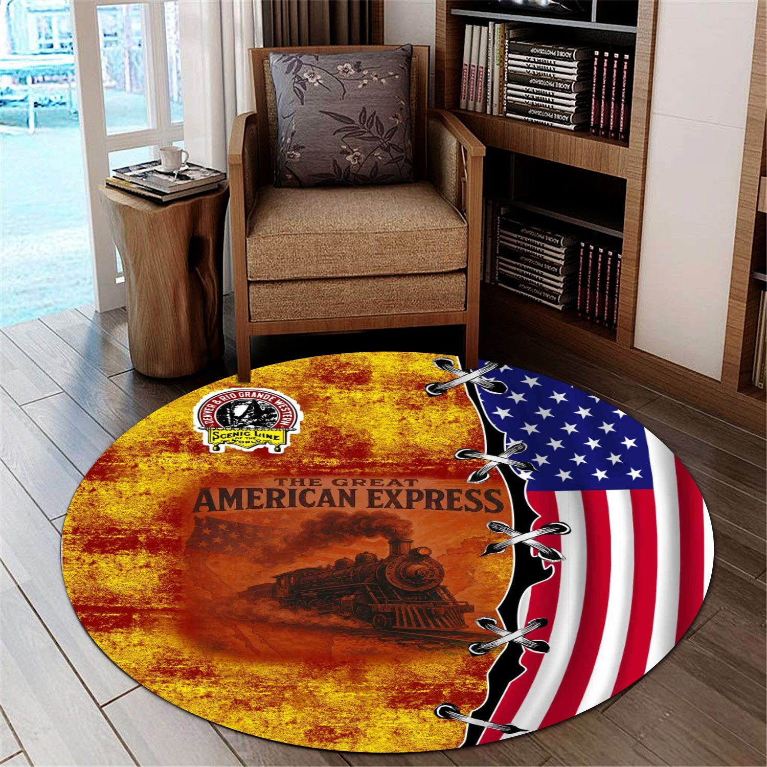 Railspirit Denver and Rio Grande Western Railroad Round Mat Retro American Express Train With USA Flag Round Mat