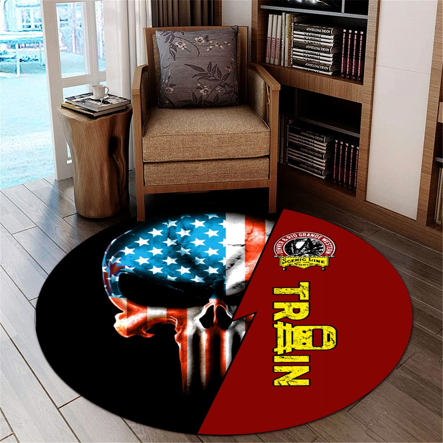 Railspirit Denver and Rio Grande Western Railroad Round Mat Train Skull American Flag Style Rug All Over Print