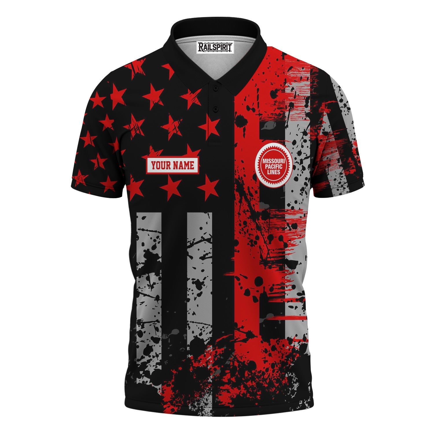 Railspirit Personalized Missouri Pacific Railroad Polo Shirt Artistic Paint American Flag Style Train Shirt
