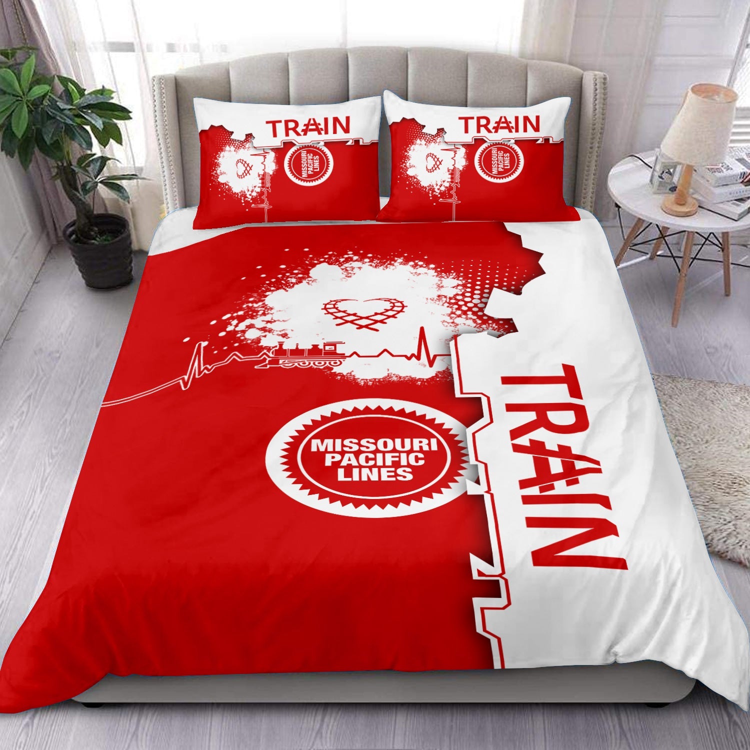 Railspirit Missouri Pacific Railroad Bedding Set Engine Heartbeat and Track Love Style Bedding Set Gift Idea For Train Lovers
