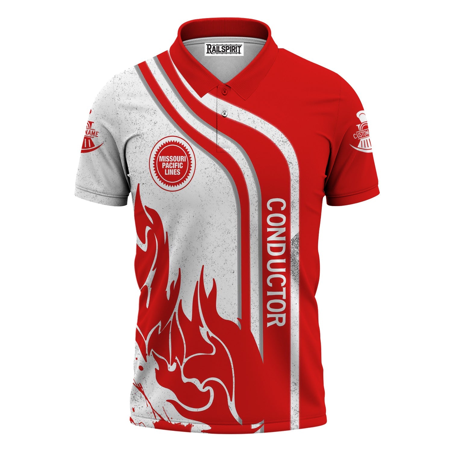 Railspirit Personalized Missouri Pacific Railroad Polo Shirt Flame Design with Custom Job Position Train Shirt