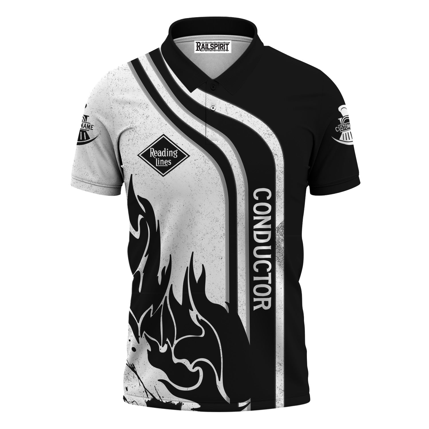Railspirit Personalized Reading Railroad Polo Shirt Flame Design with Custom Job Position Train Shirt