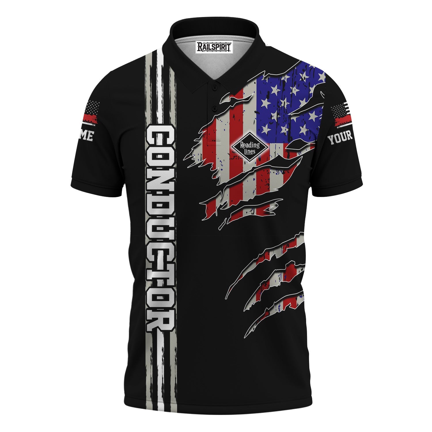 Railspirit Personalized Reading Railroad Polo Shirt USA Flag Claw Art with Custom Job Train Shirt
