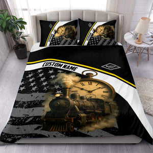 Railspirit Personalized Reading Railroad Bedding Set Classic Steam Engine With Retro Pocket Watch Bedding Set All Over Print