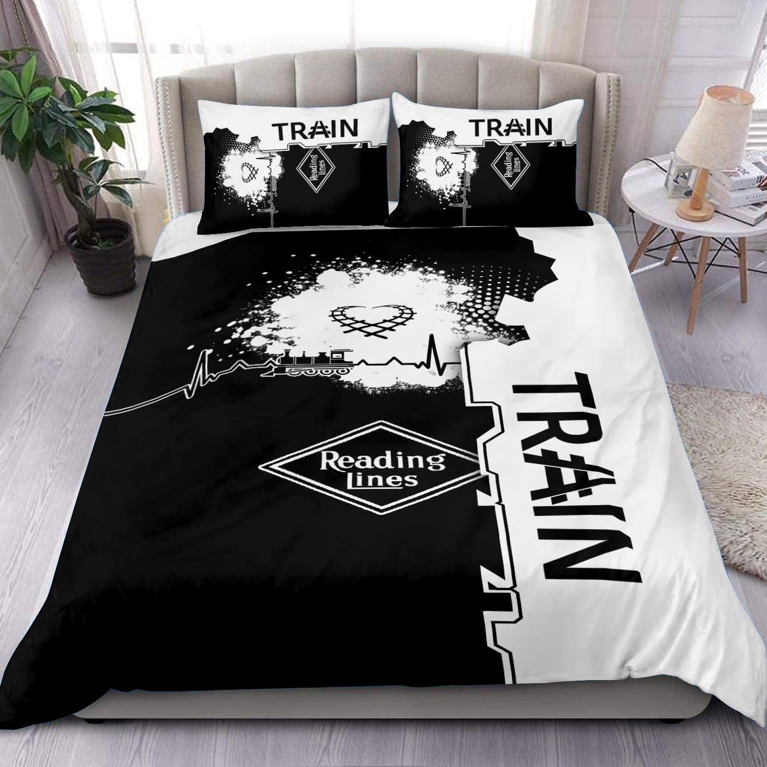 Railspirit Reading Railroad Bedding Set Engine Heartbeat and Track Love Style Bedding Set Gift Idea For Train Lovers