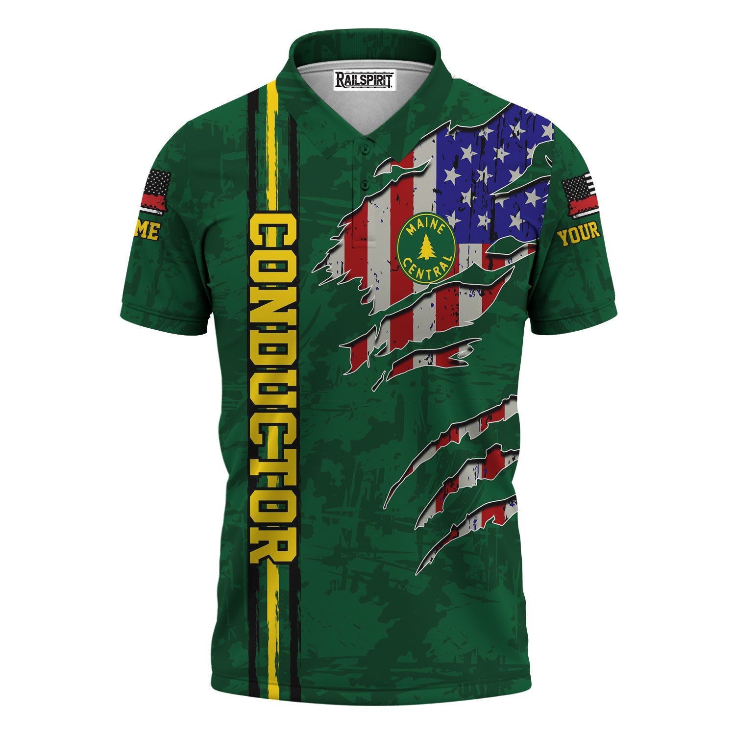 Railspirit Personalized Maine Central Railroad Polo Shirt USA Flag Claw Art with Custom Job Train Shirt