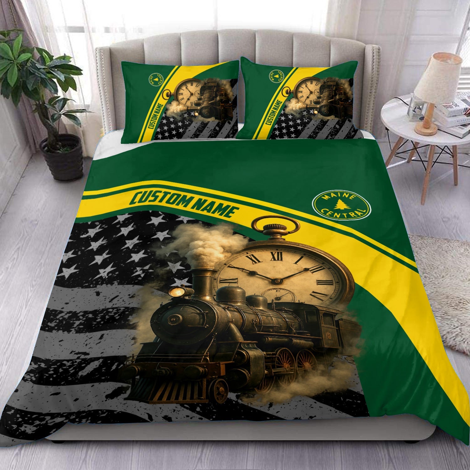 Railspirit Personalized Maine Central Railroad Bedding Set Classic Steam Engine With Retro Pocket Watch Bedding Set All Over Print