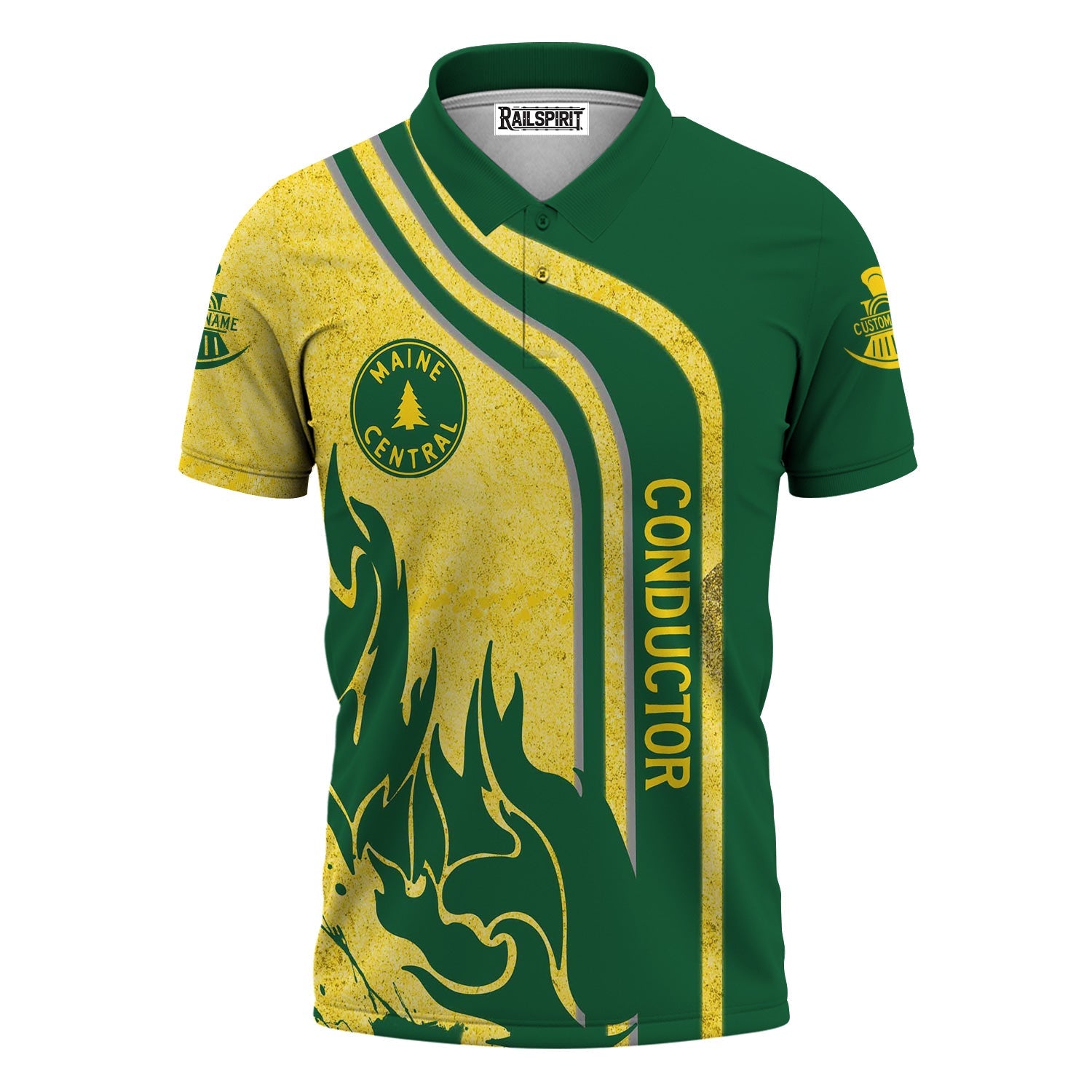 Railspirit Personalized Maine Central Railroad Polo Shirt Flame Design with Custom Job Position Train Shirt