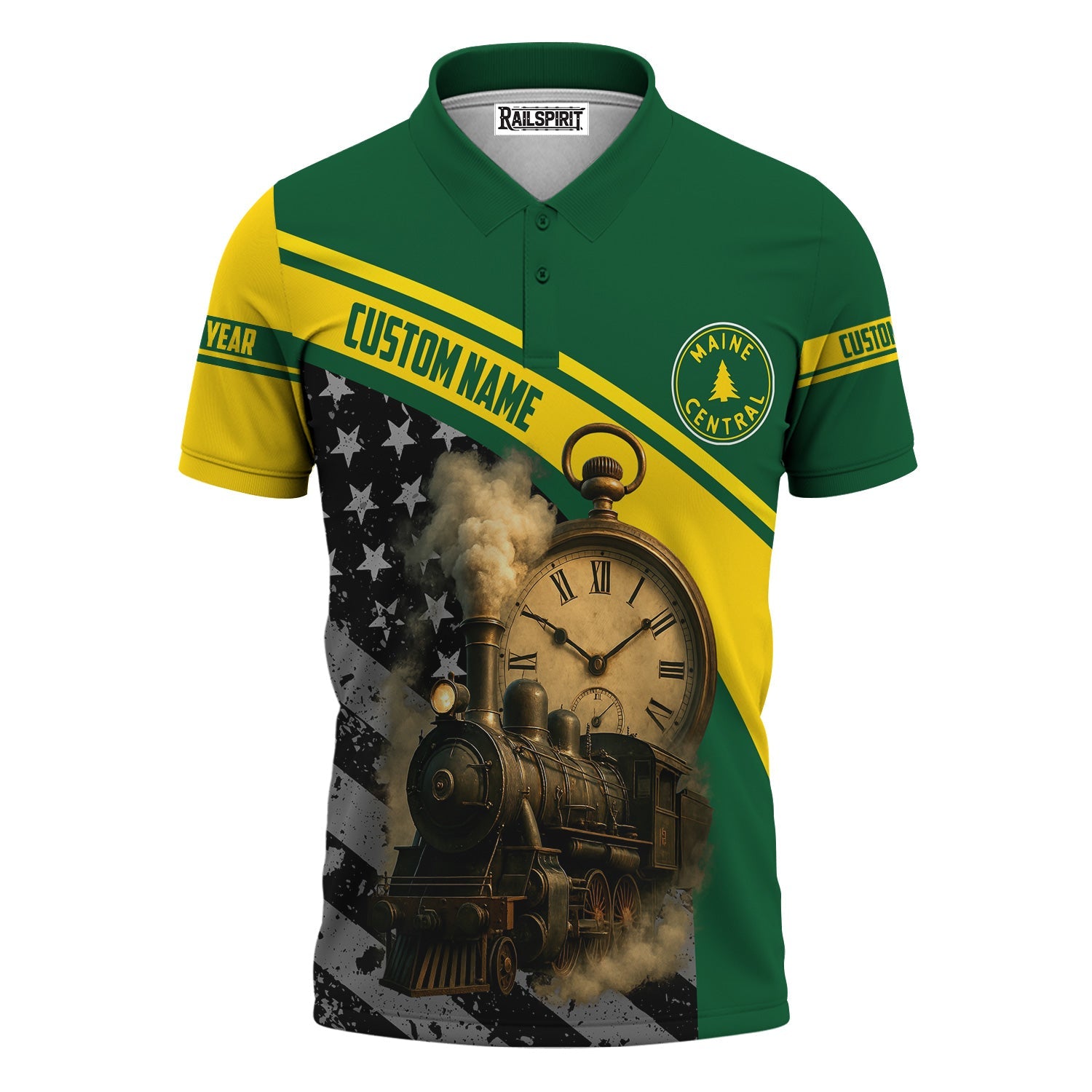 Railspirit Personalized Maine Central Railroad Polo Shirt Classic Steam Engine With Retro Pocket Watch Shirt All Over Print