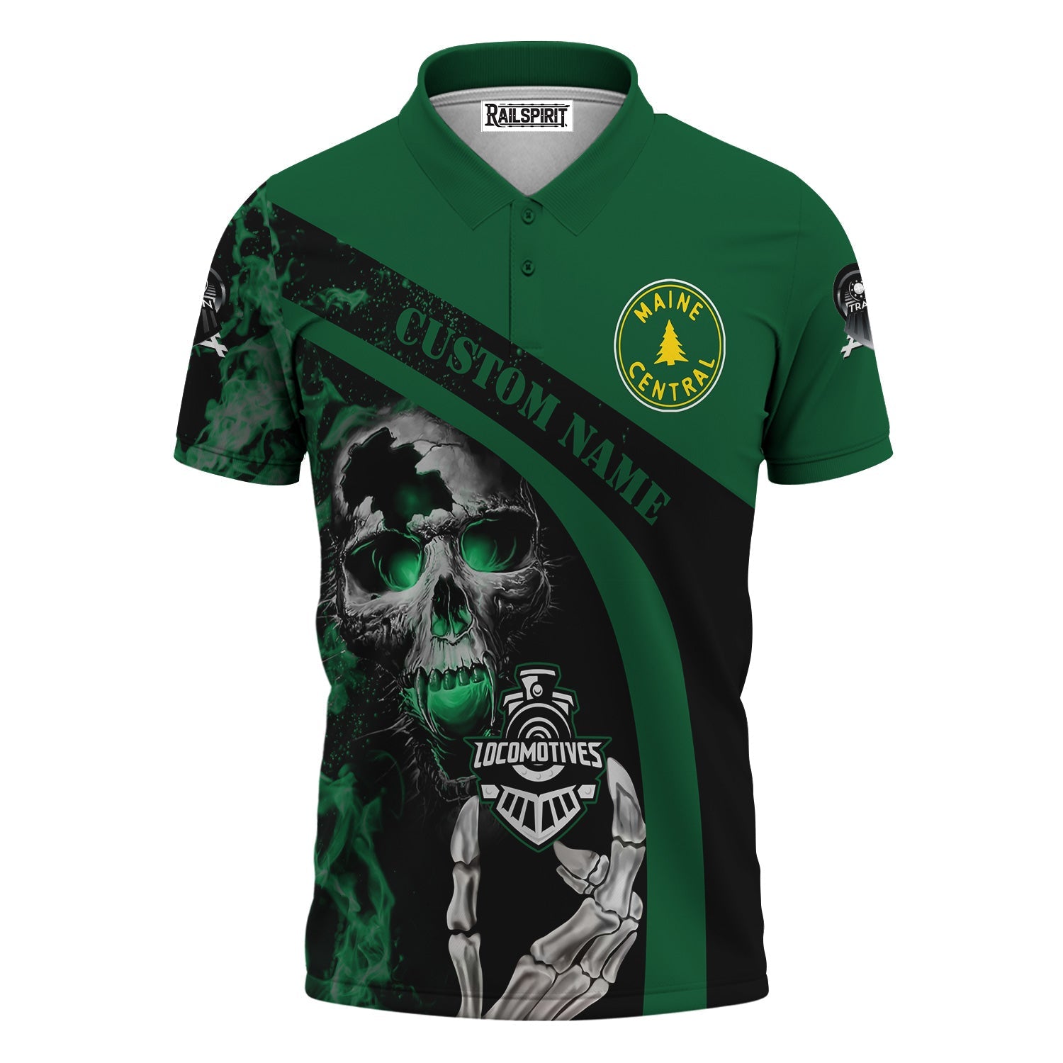 Railspirit Personalized Maine Central Railroad Polo Shirt Flame Skull Design Train Shirt for Locomotive Fans