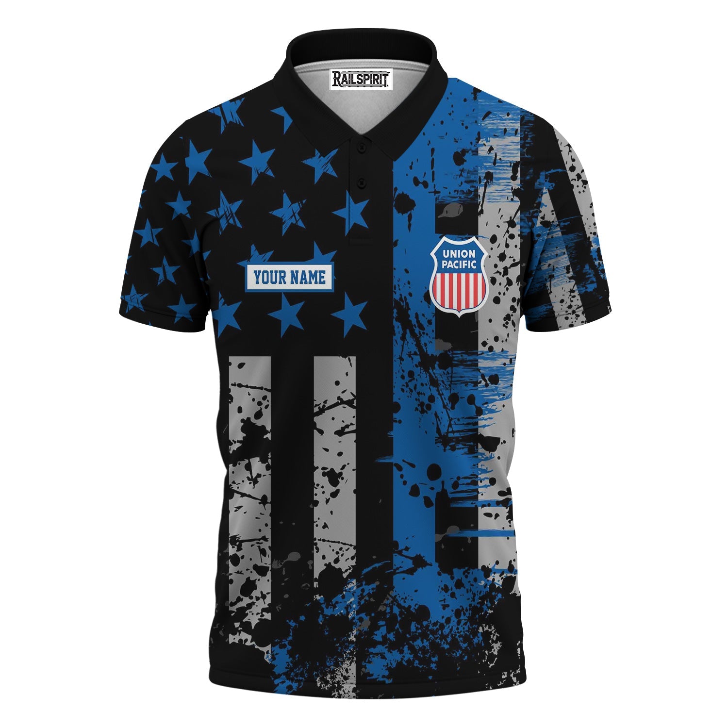 Railspirit Personalized Union Pacific Railroad Polo Shirt Artistic Paint American Flag Style Big Boy Train Shirt