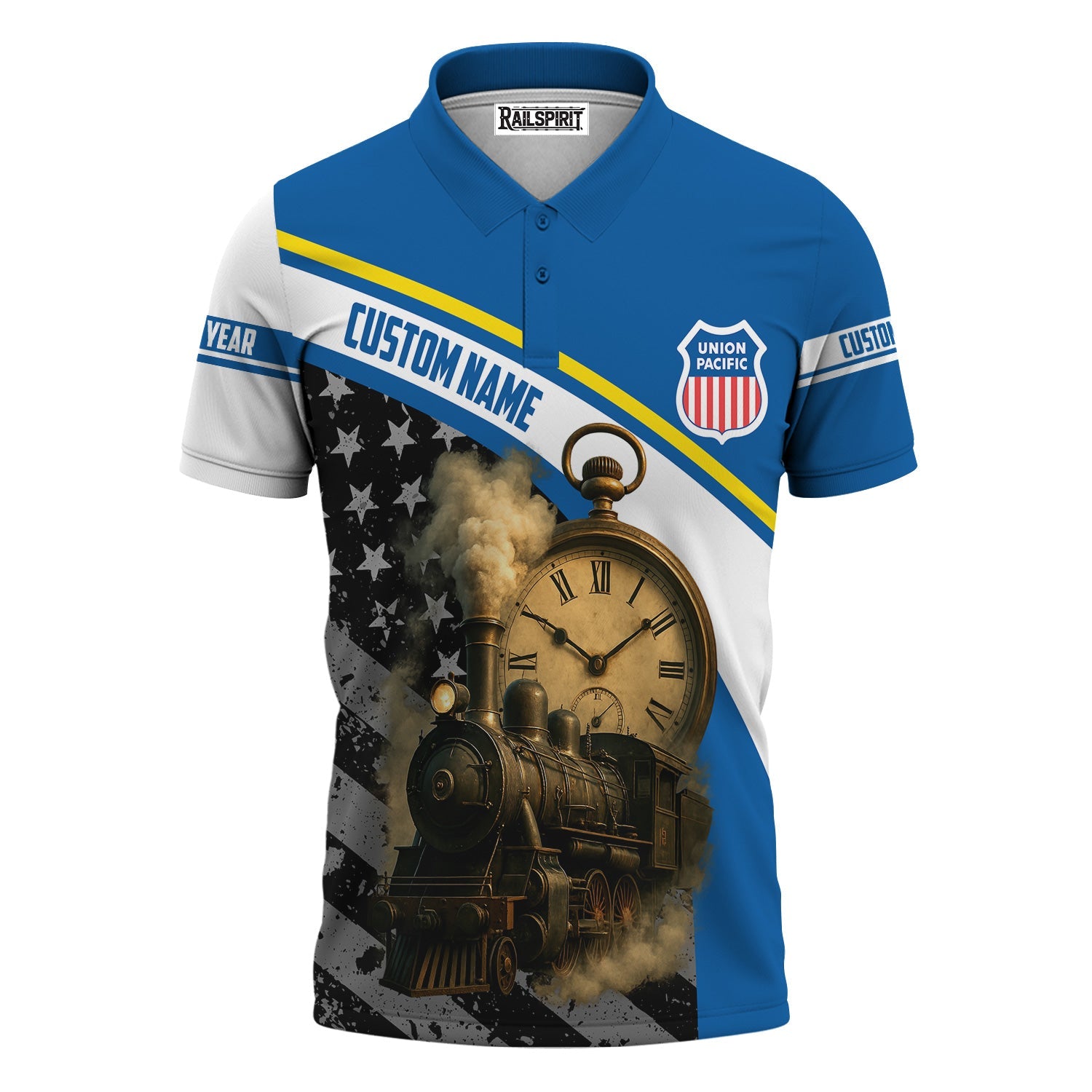 Railspirit Personalized Union Pacific Railroad Polo Shirt Classic Steam Engine With Retro Pocket Watch Big Boy Shirt All Over Print