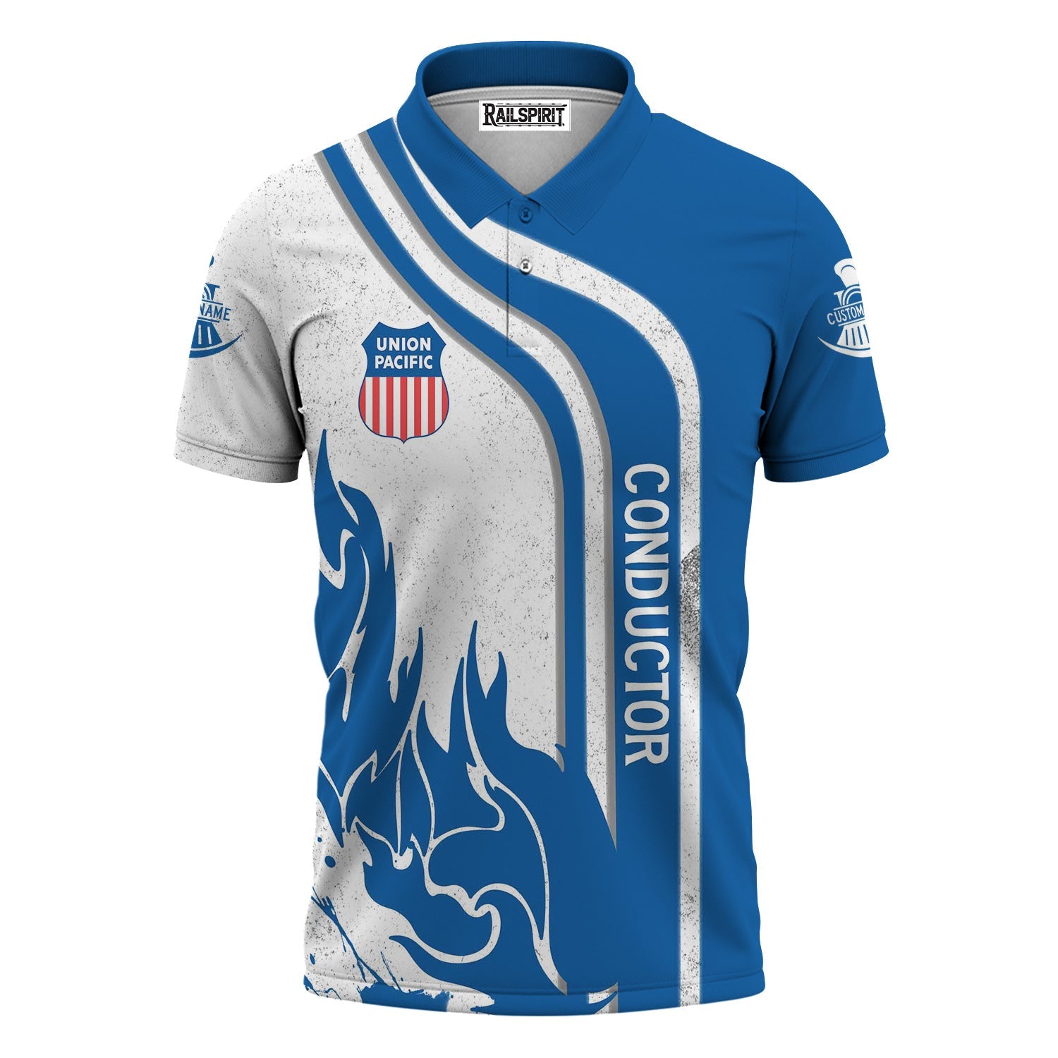 Railspirit Personalized Union Pacific Railroad Polo Shirt Flame Design with Custom Job Position Big Boy Train Shirt