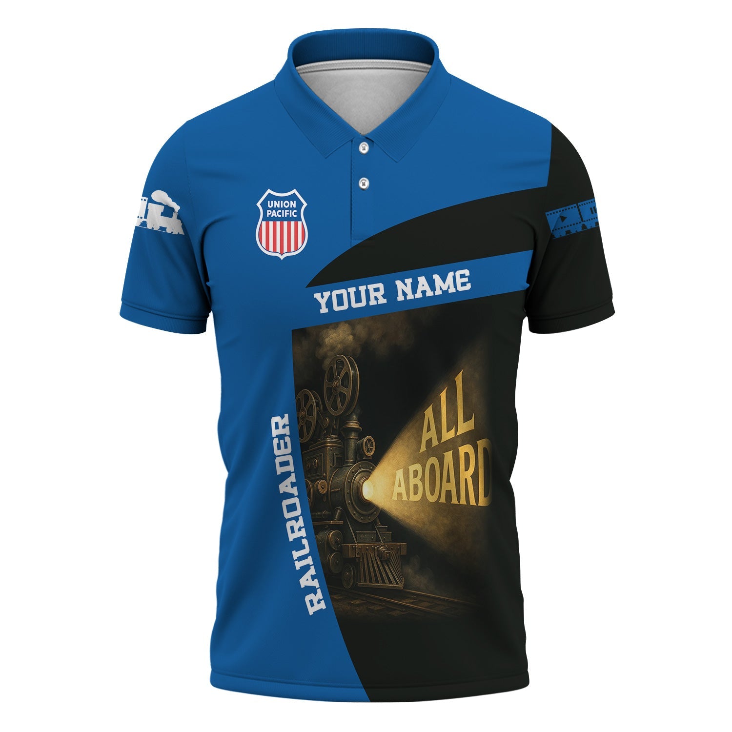 Railspirit Personalized Union Pacific Railroad Polo Shirt All Aboard Steam Train Movie Projector Style Big Boy Shirt