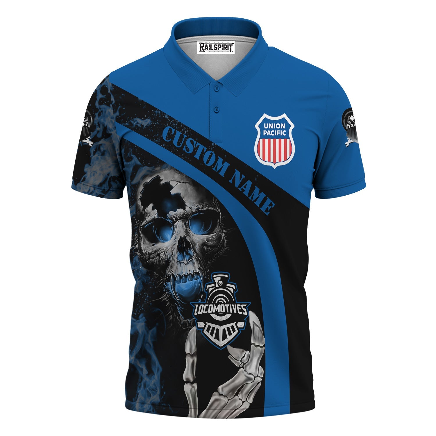 Railspirit Personalized Union Pacific Railroad Polo Shirt Flame Skull Design Big Boy Train Shirt for Locomotive Fans
