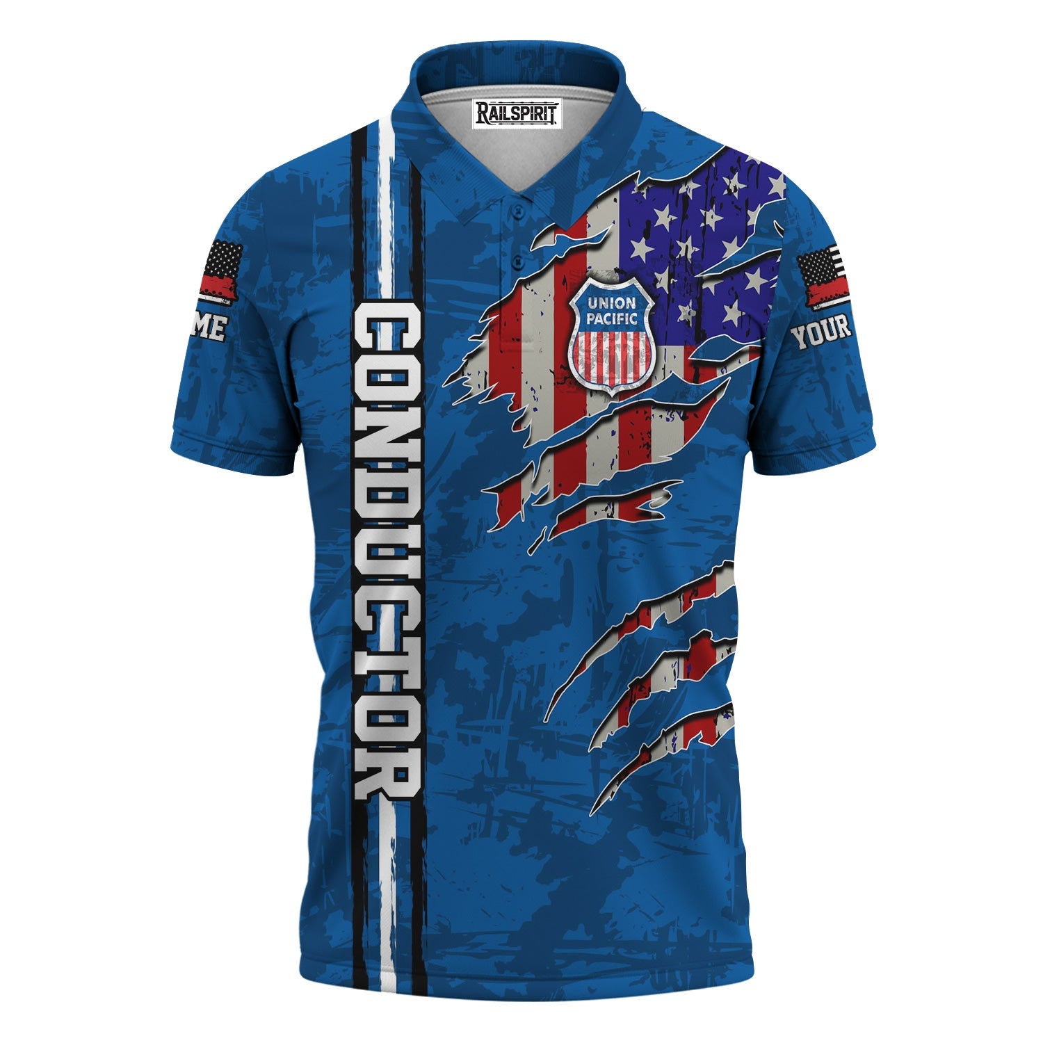 Railspirit Personalized Union Pacific Railroad Polo Shirt USA Flag Claw Art with Custom Job Big Boy Train Shirt