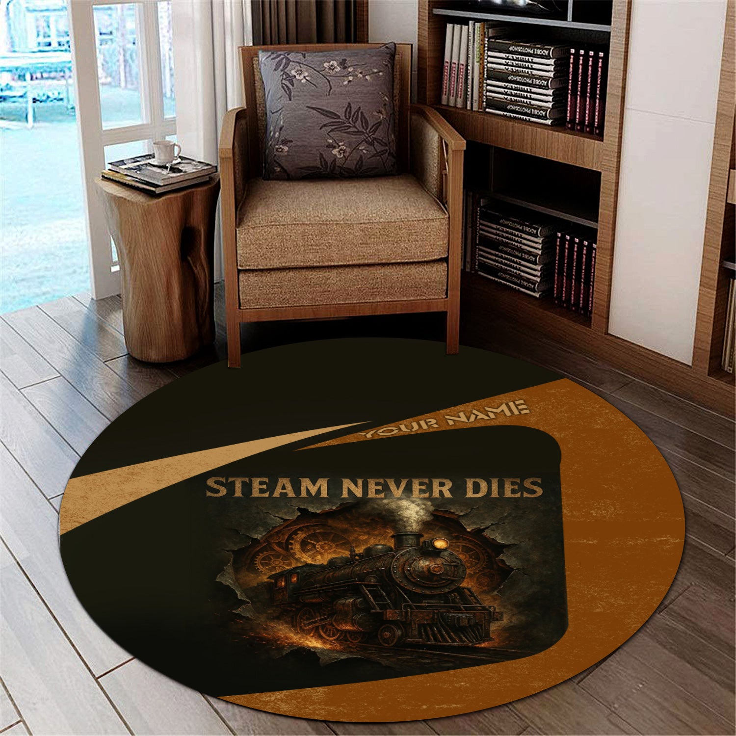 Railspirit Personalized Round Mat Steam Never Dies Vintage Train Mat for Railroad Fanatic