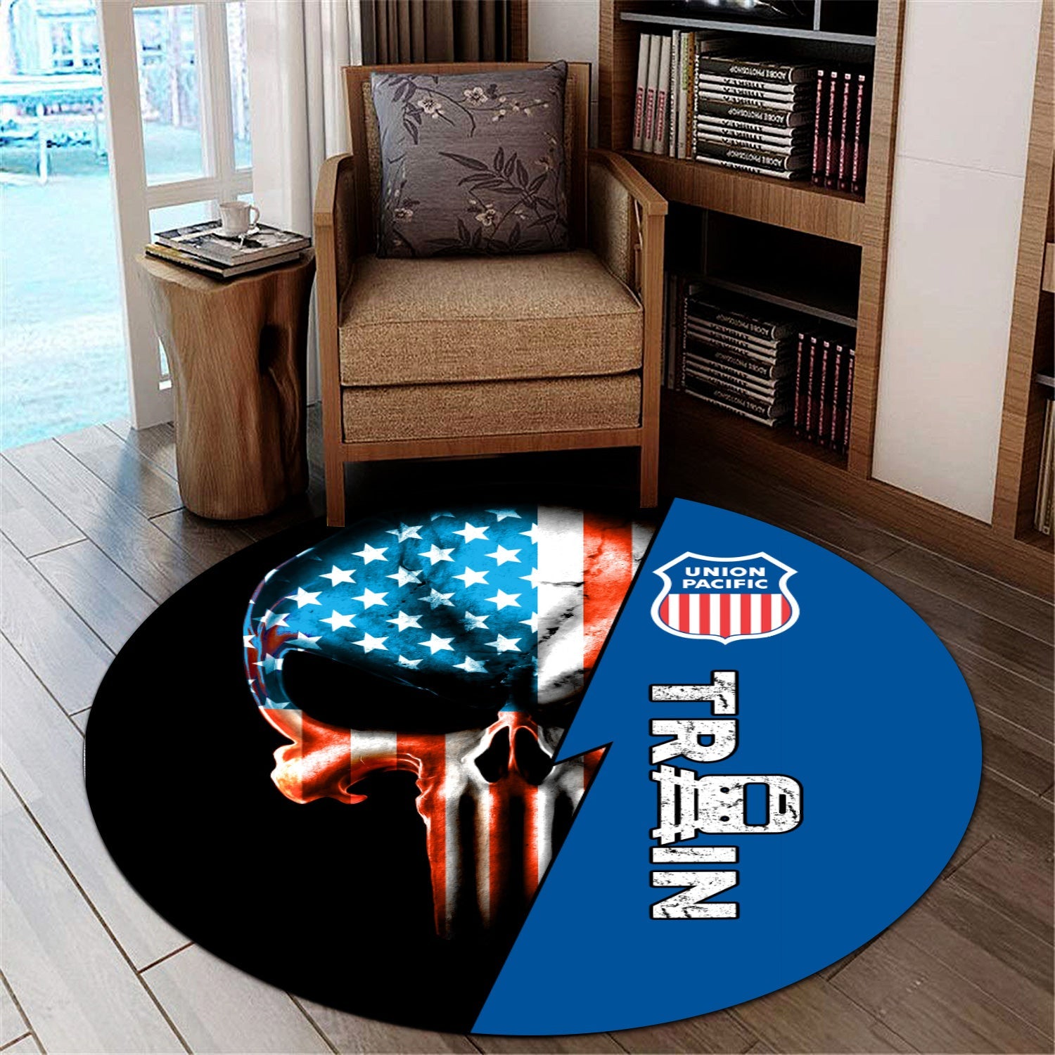 Railspirit Union Pacific Railroad Round Mat Train Skull American Flag Style Big Boy Mat All Over Print