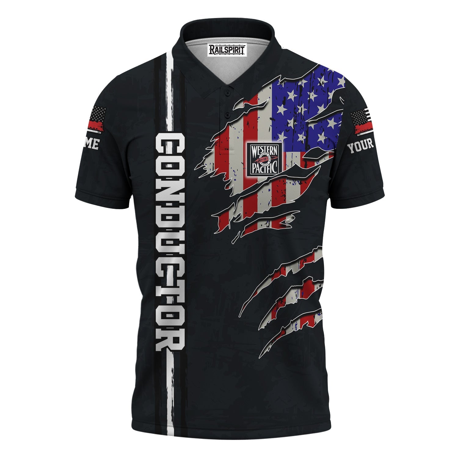 Railspirit Personalized Western Pacific Railroad Polo Shirt USA Flag Claw Art with Custom Job Train Shirt