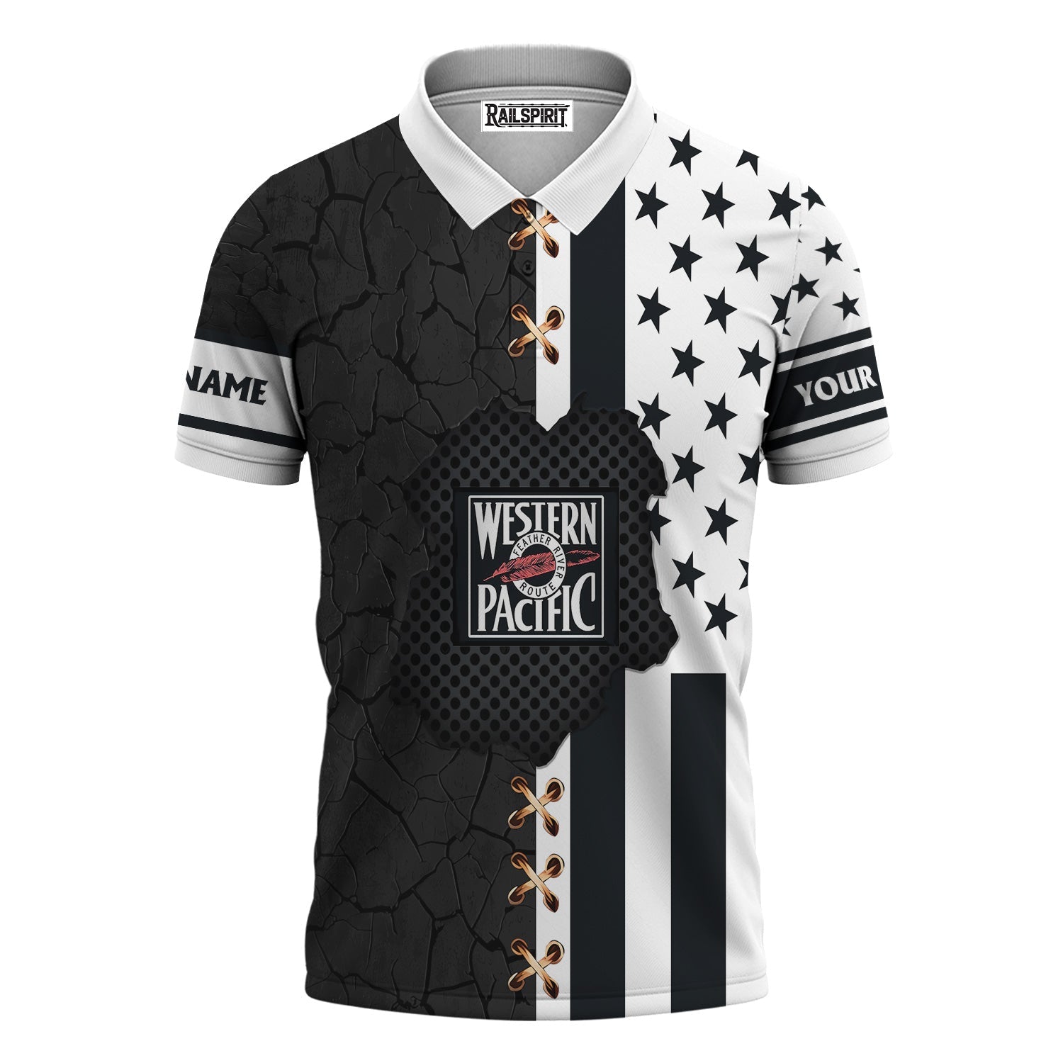 Railspirit Personalized Western Pacific Railroad Polo Shirt American Flag with Crack Effect Train Shirt