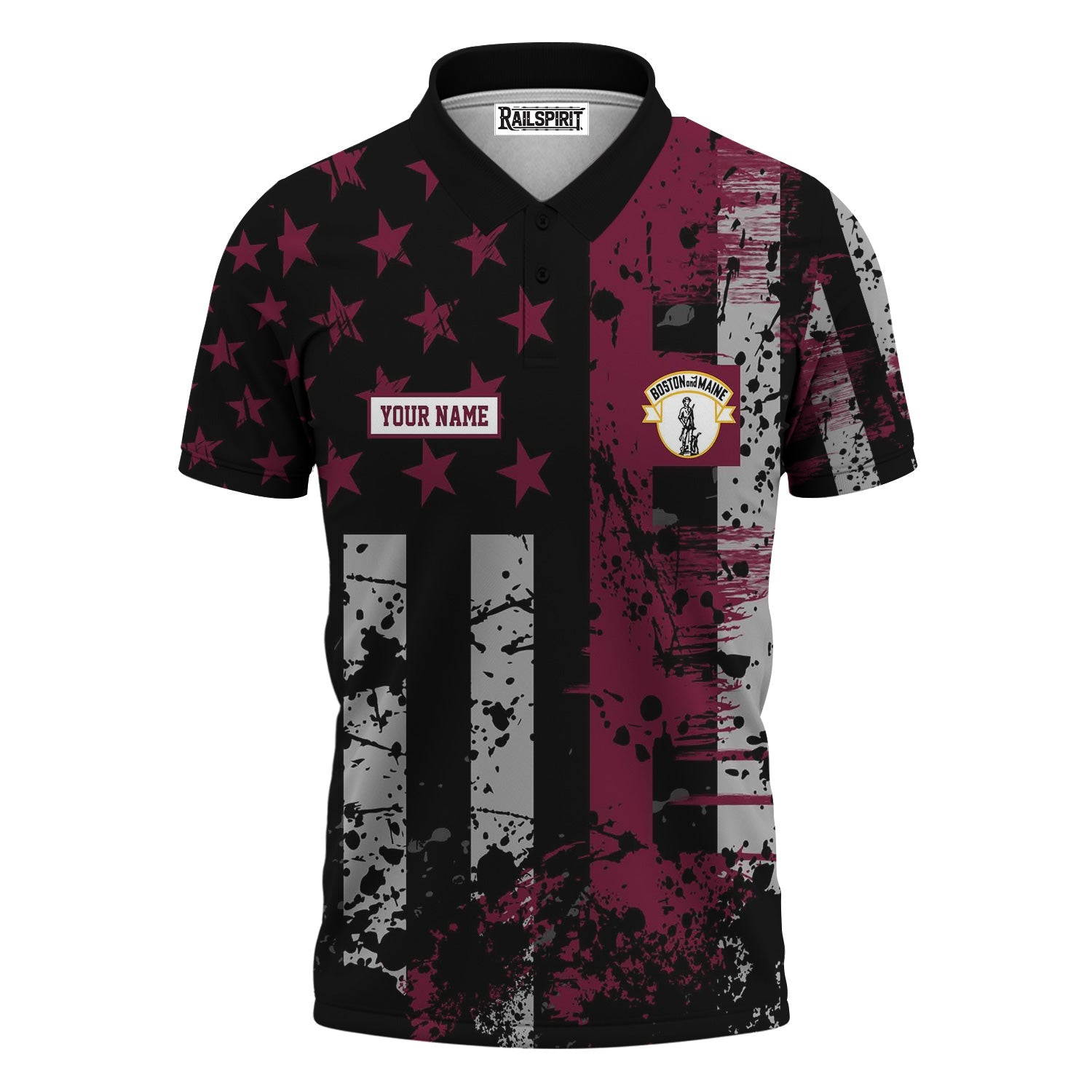 Railspirit Personalized Boston and Maine Railroad Polo Shirt Artistic Paint American Flag Style Train Shirt