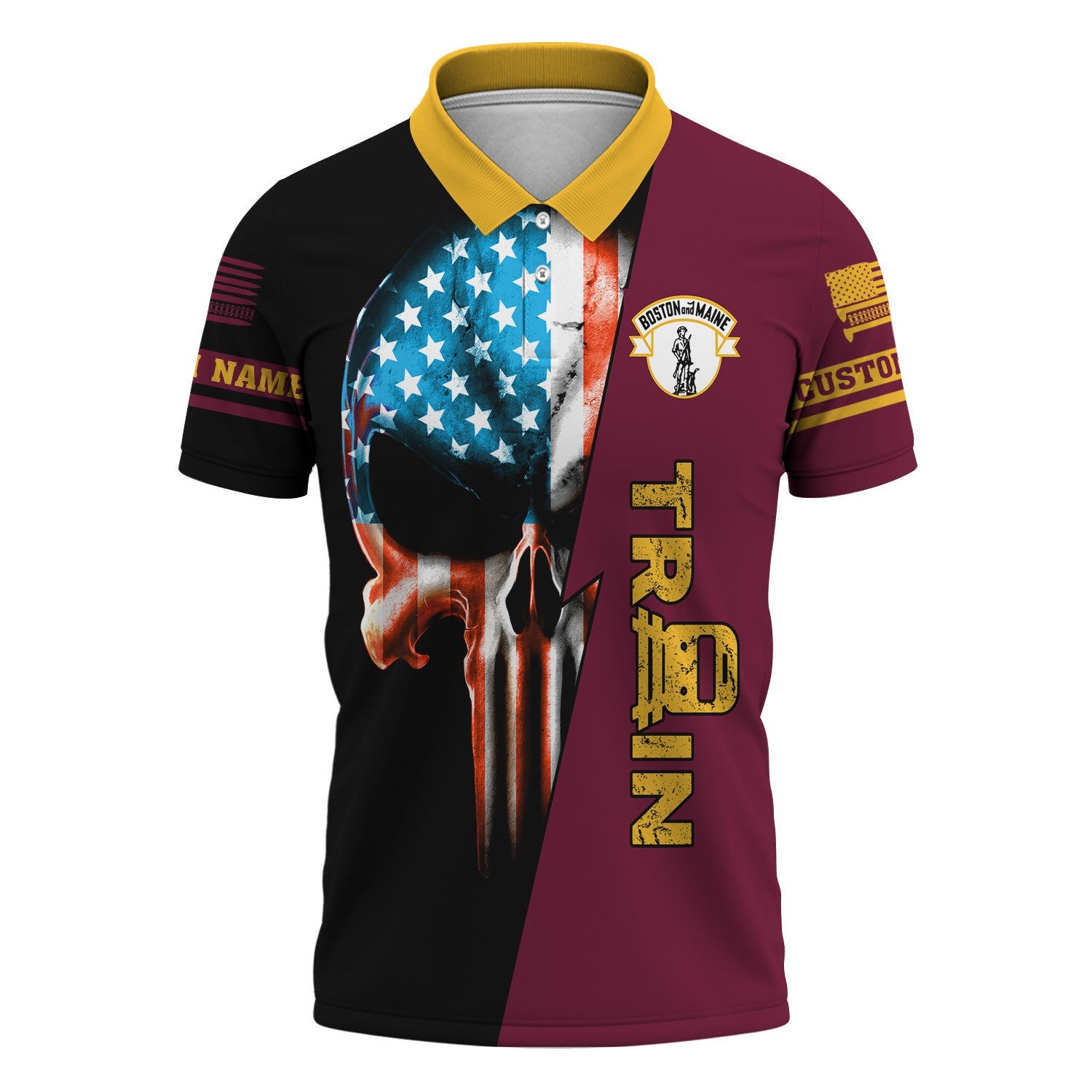 Railspirit Personalized Boston and Maine Railroad Polo Shirt Train Skull American Flag Shirt All Over Print