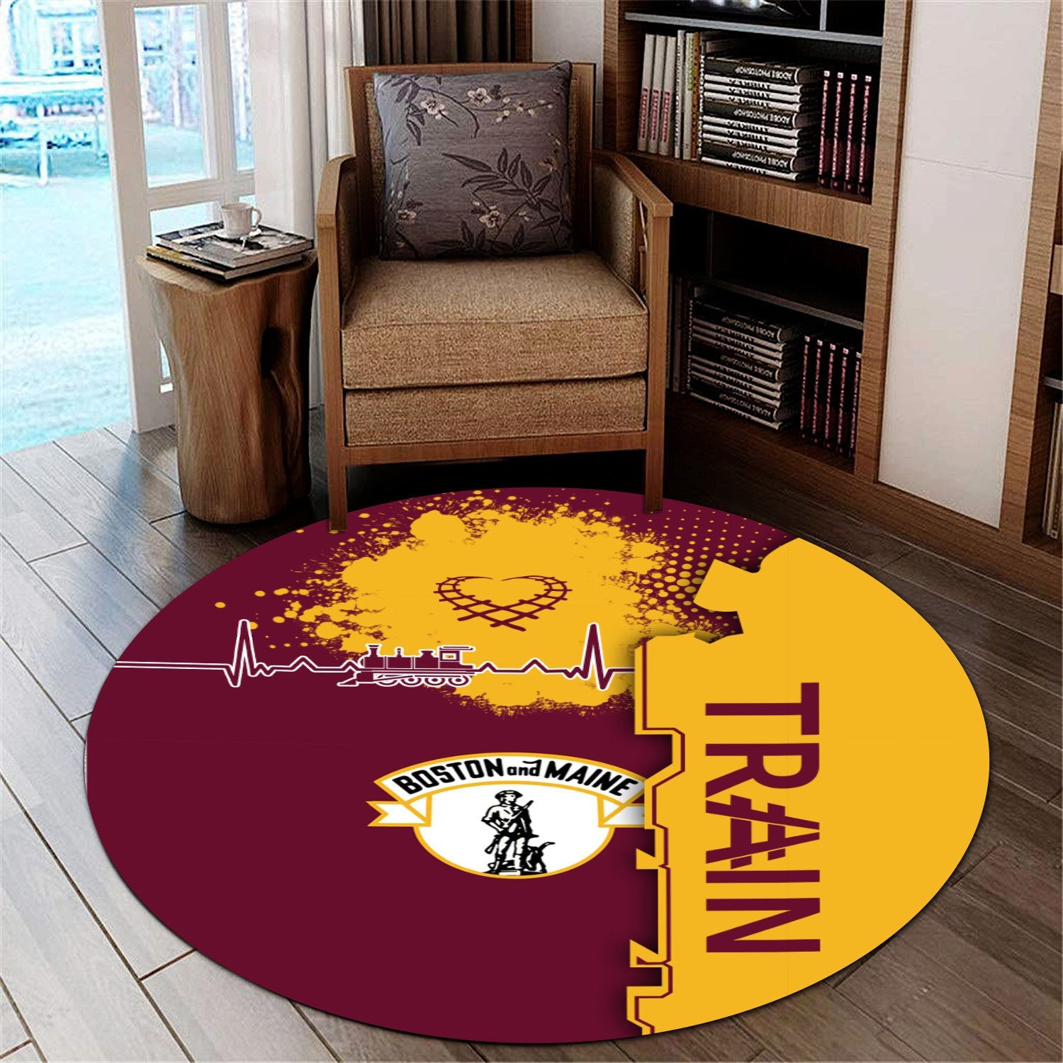Railspirit Boston and Maine Railroad Round Mat Engine Heartbeat and Track Love Style Mat Gift Idea For Train Lovers