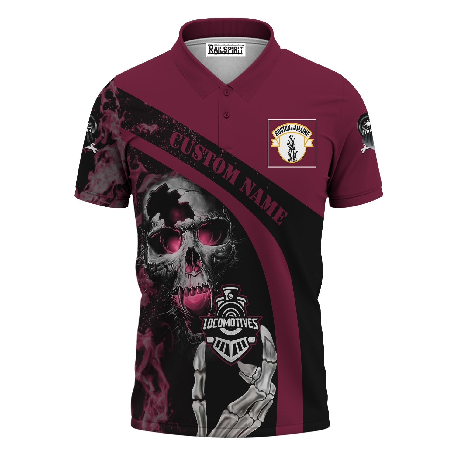 Railspirit Personalized Boston and Maine Railroad Polo Shirt Flame Skull Design Train Shirt for Locomotive Fans