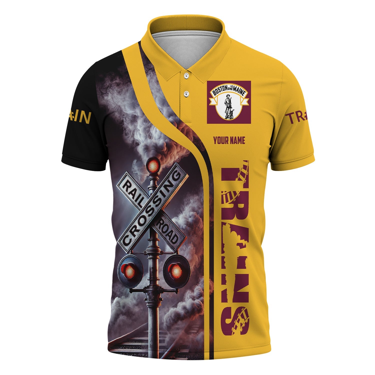 Railspirit Personalized Boston and Maine Railroad Polo Shirt Crossing Railroad Sign American Locomotive Train Shirt All Over Print