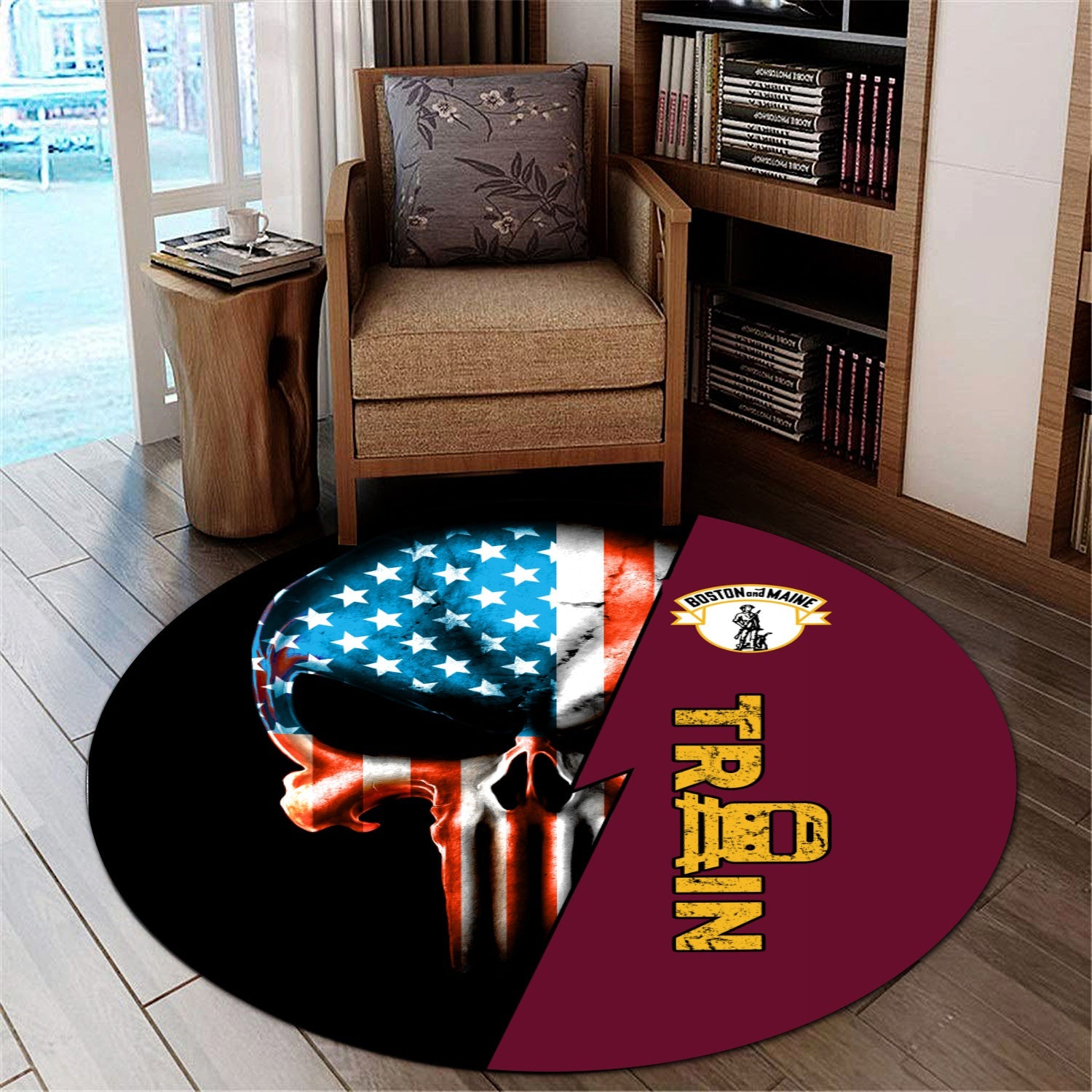 Railspirit Boston and Maine Railroad Round Mat Train Skull American Flag Style Rug All Over Print