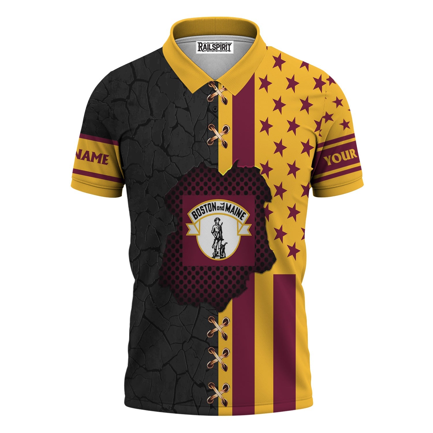 Railspirit Personalized Boston and Maine Railroad Polo Shirt American Flag with Crack Effect Train Shirt