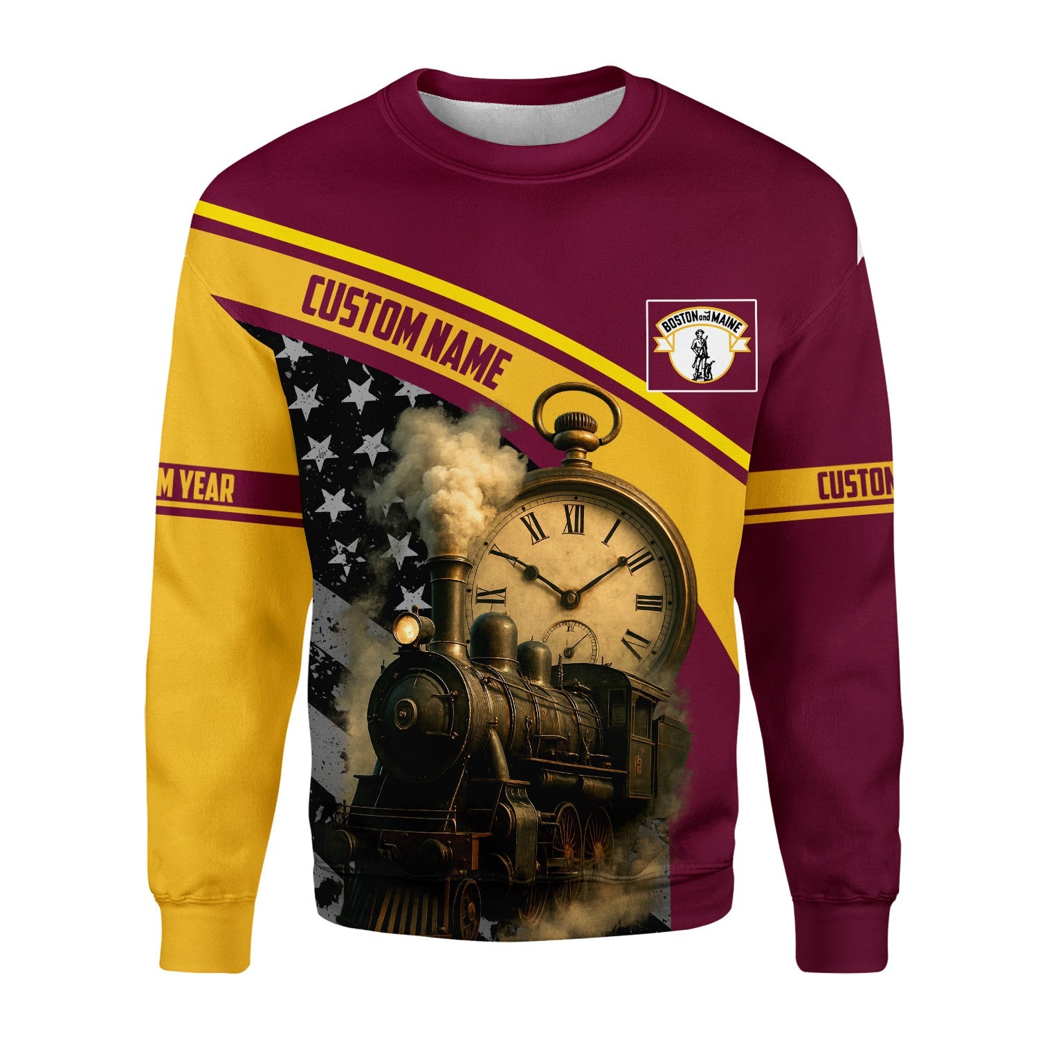 Railspirit Personalized Boston and Maine Railroad Sweatshirt Classic Steam Engine With Retro Pocket Watch Shirt All Over Print
