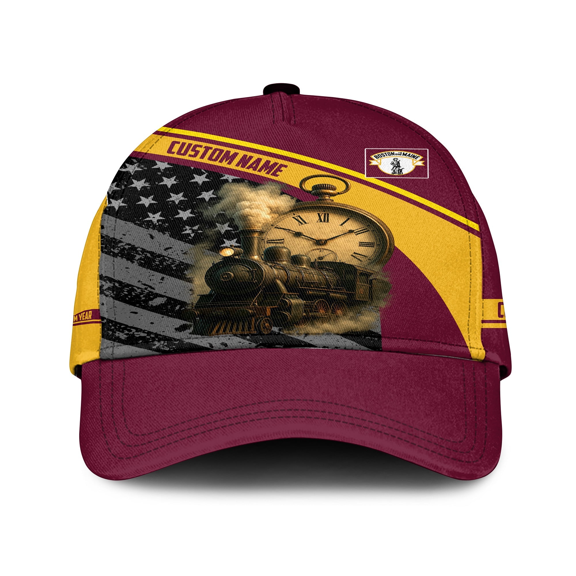 Railspirit Personalized Boston and Maine Railroad Classic Cap Classic Steam Engine With Retro Pocket Watch Cap All Over Print