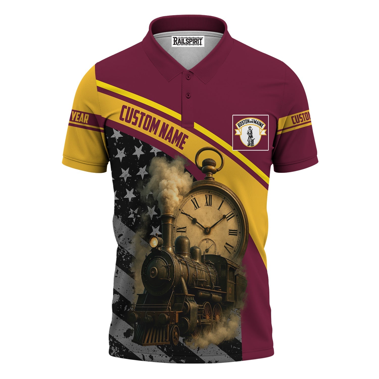 Railspirit Personalized Boston and Maine Railroad Polo Shirt Classic Steam Engine With Retro Pocket Watch Shirt All Over Print