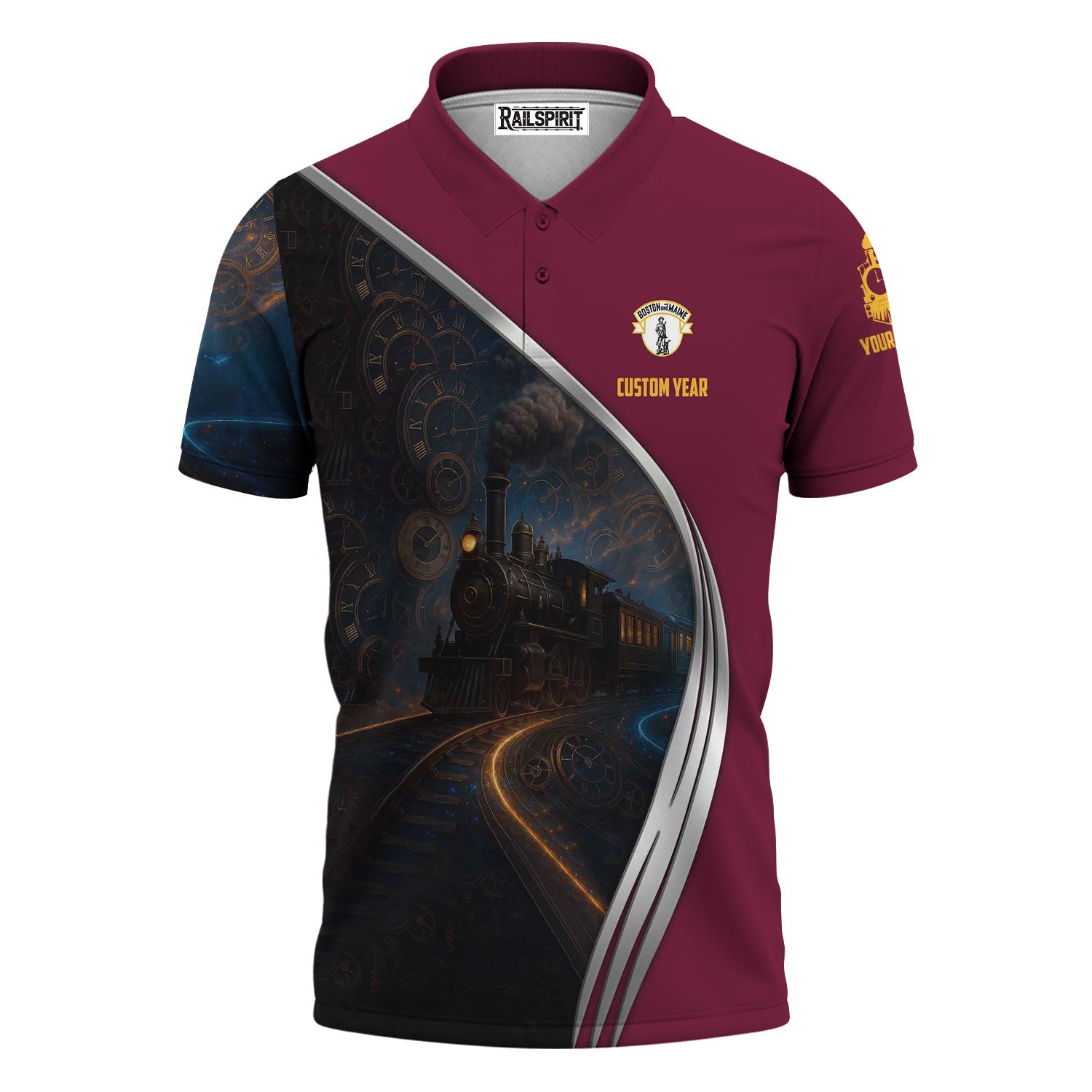 Railspirit Personalized Boston and Maine Railroad Polo Shirt Steampunk Locomotive with Custom Year Train Shirt