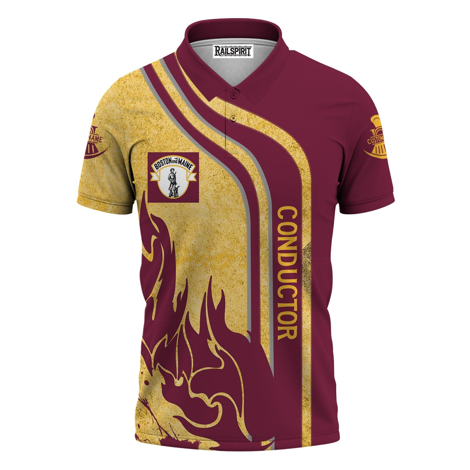 Railspirit Personalized Boston and Maine Railroad Polo Shirt Flame Design with Custom Job Position Train Shirt