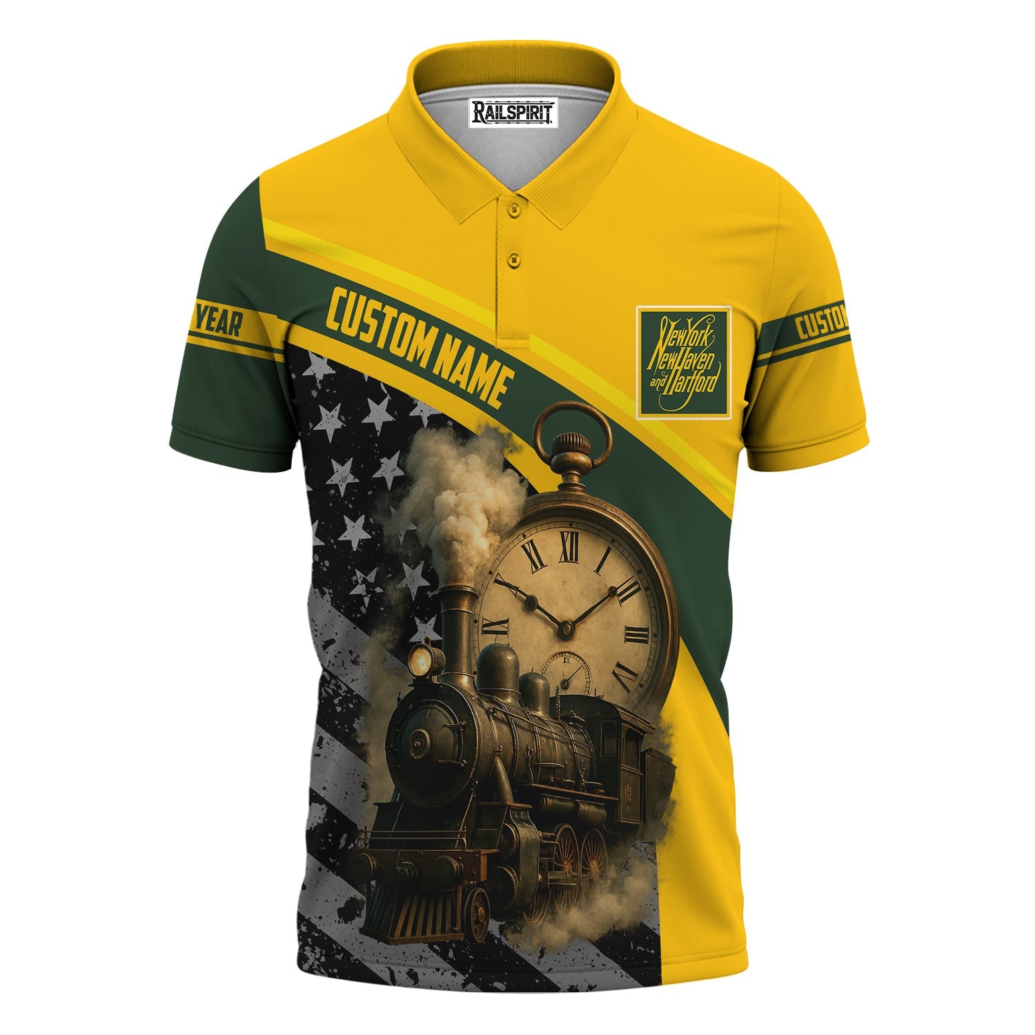 Railspirit Personalized New York, New Haven and Hartford Railroad Polo Shirt Classic Steam Engine With Retro Pocket Watch New Haven Railroad Shirt