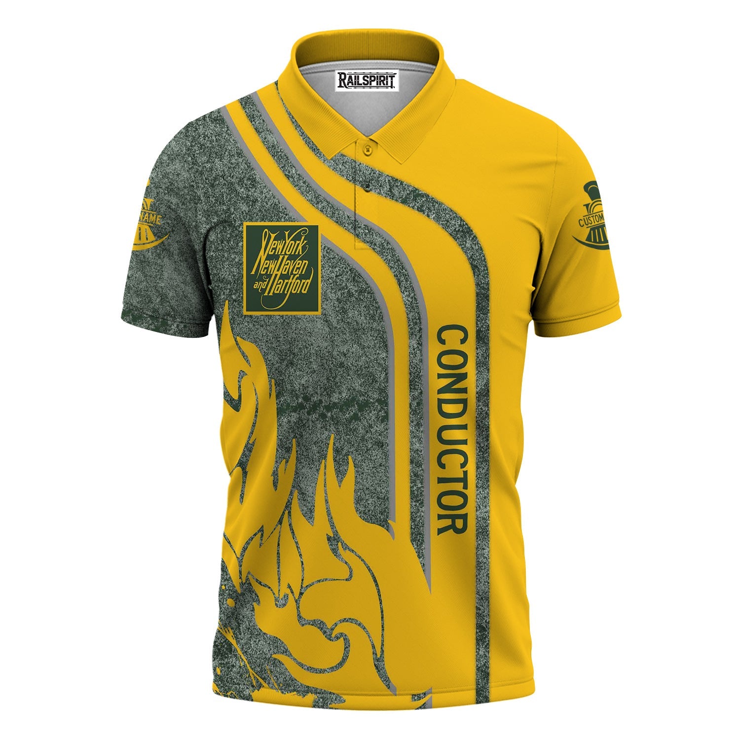 Railspirit Personalized New York, New Haven and Hartford Railroad Polo Shirt Flame Design with Custom Job Position New Haven Railroad Train Shirt