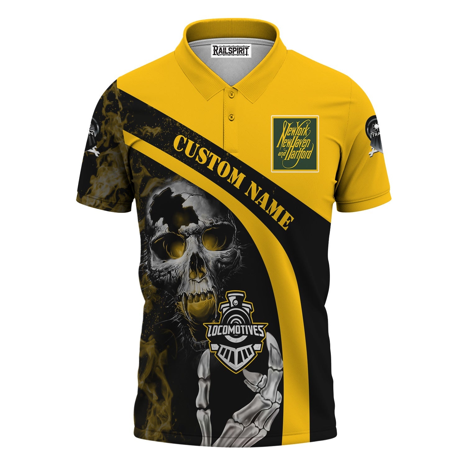 Railspirit Personalized New York, New Haven and Hartford Railroad Polo Shirt Flame Skull Design New Haven Railroad Train Shirt for Locomotive Fans