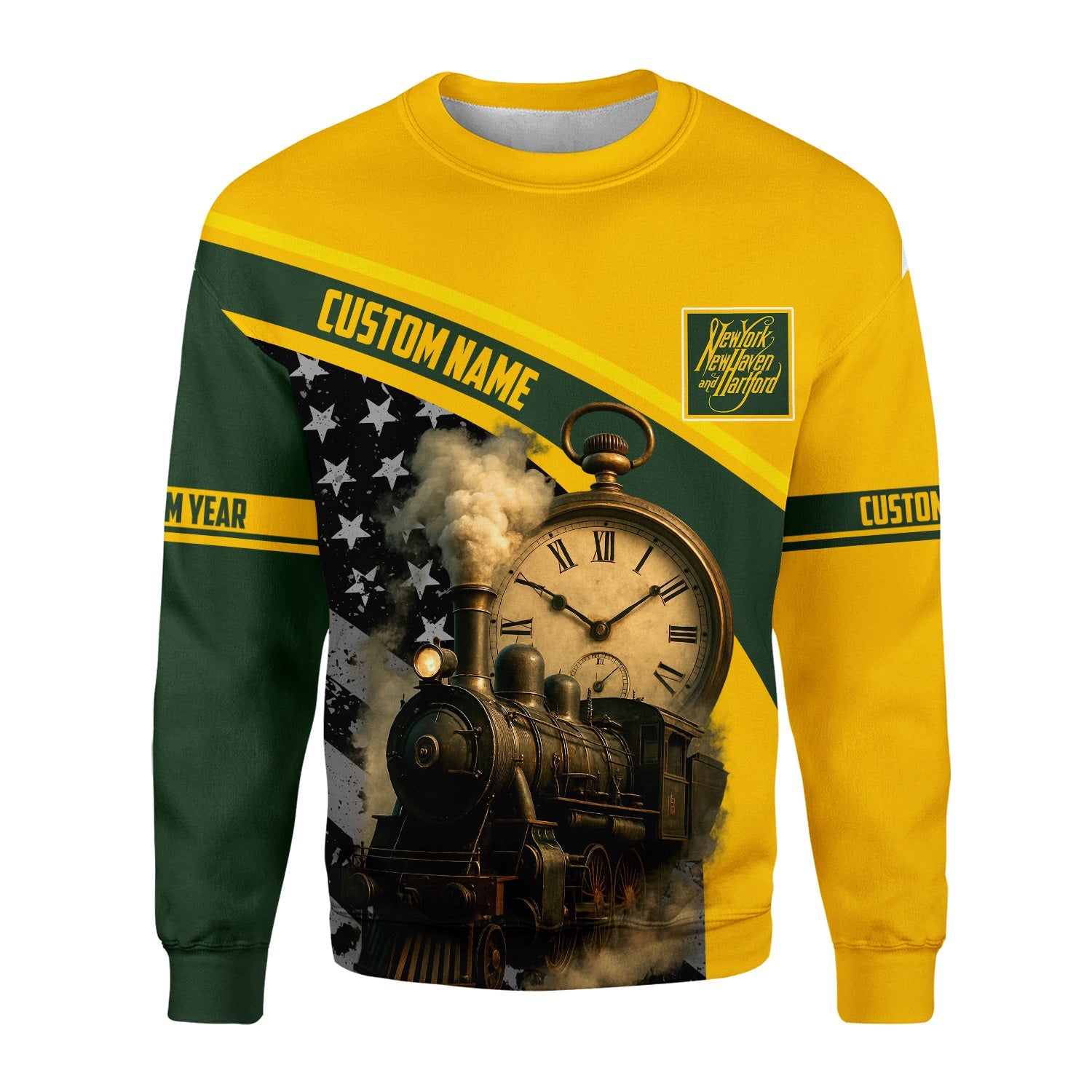 Railspirit Personalized New York, New Haven and Hartford Railroad Sweatshirt Classic Steam Engine With Retro Pocket Watch New Haven Railroad Shirt