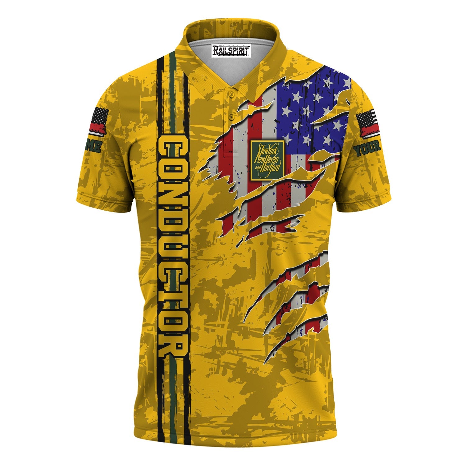 Railspirit Personalized New York, New Haven and Hartford Railroad Polo Shirt USA Flag Claw Art with Custom Job New Haven Railroad Train Shirt