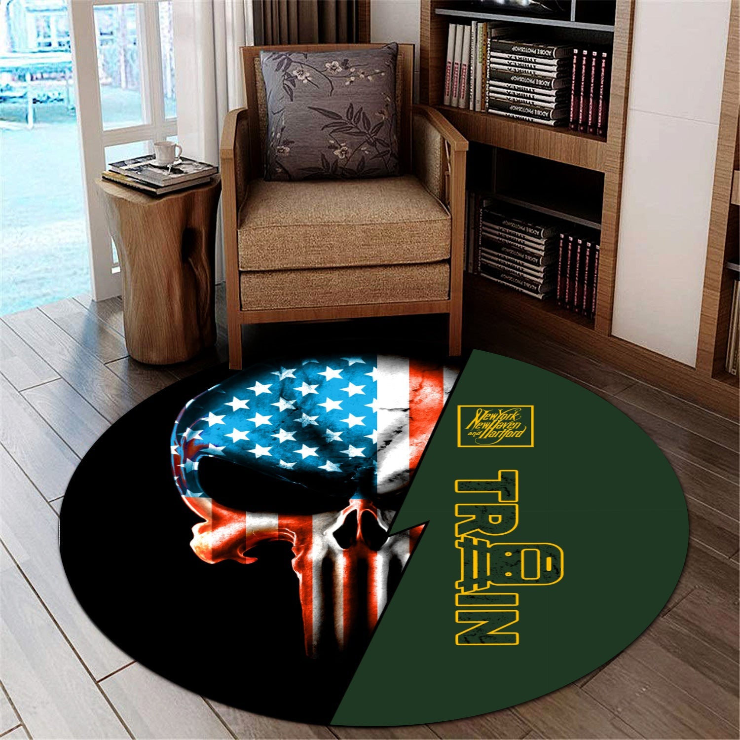 Railspirit New York, New Haven and Hartford Railroad Round Mat Train Skull American Flag Style New Haven Railroad Mat All Over Print
