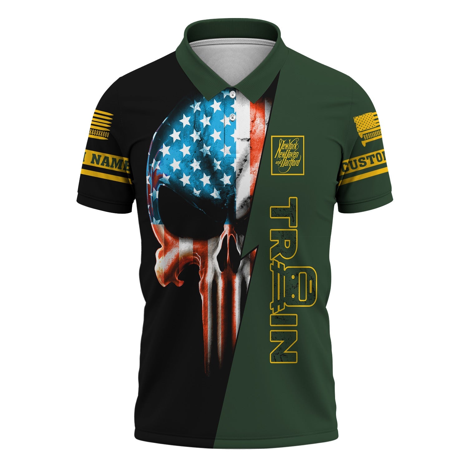 Railspirit Personalized New York, New Haven and Hartford Railroad Polo Shirt Train Skull American Flag New Haven Railroad Shirt All Over Print