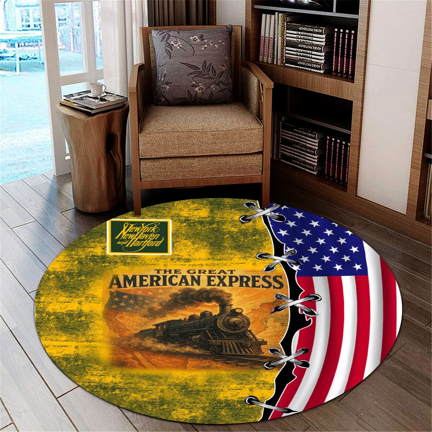 Railspirit New York, New Haven and Hartford Railroad Round Mat Retro American Express Train With USA Flag New Haven Railroad Round Mat